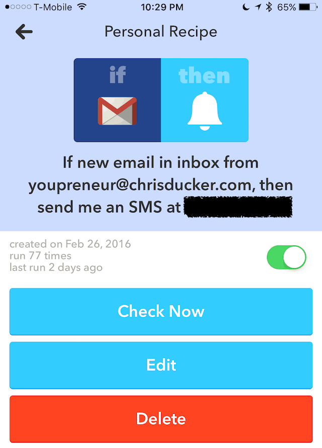 IFTTT Gmail-SMS Recipe Snapshot